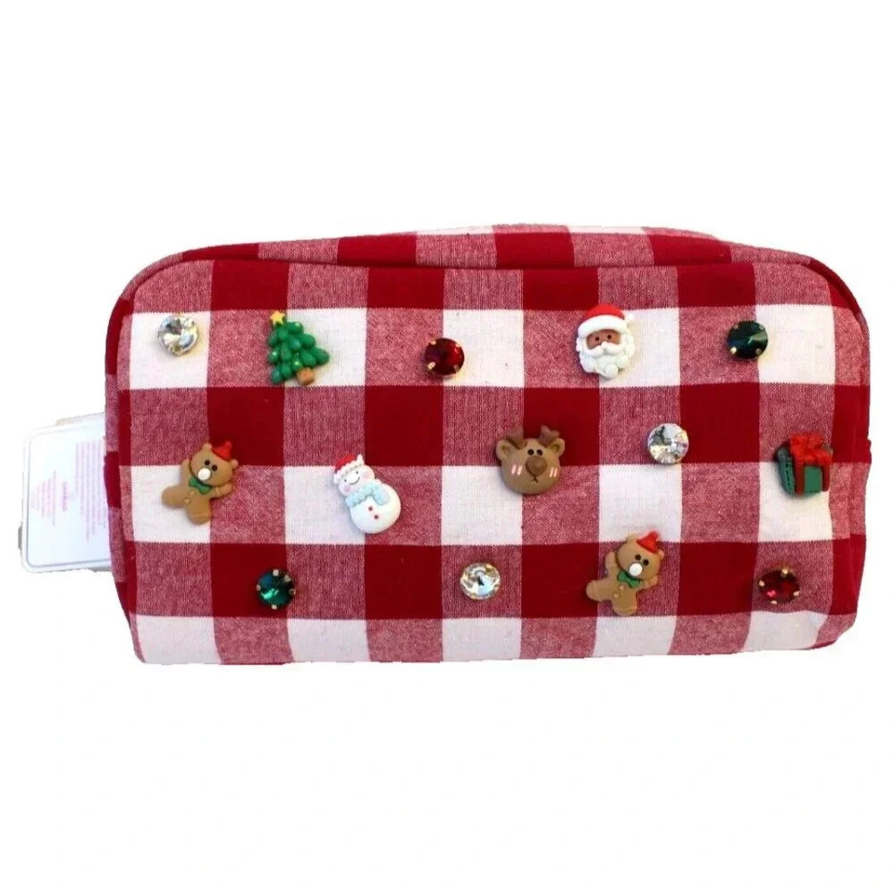 New Red / White Large Christmas Plaid Cosmetic Makeup Bag W/ Holiday Charms